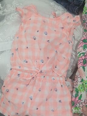 Carter's Peach Gingham Tie-Front Romper with Blue Floral Accents